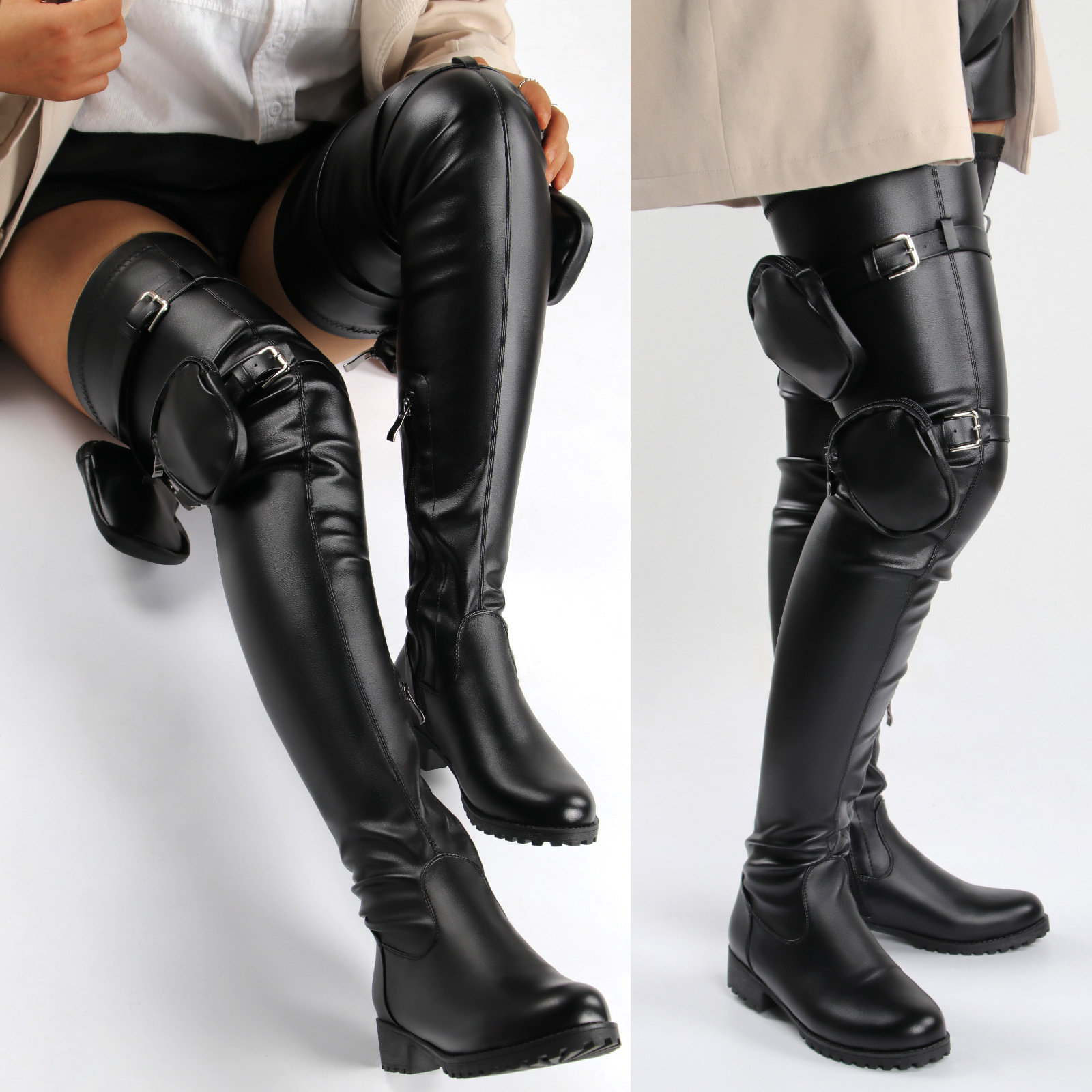Damen Overknee Stiefel Mit Niedrigem Blockabsatz Und Mini Tasche_voghion.com