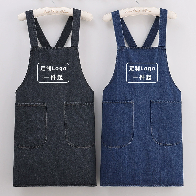 Джинсовый фартук в корейском стиле, прочный логотип, печать, художественная роспись, цветочный магазин, цветочная композиция, рабочая одежда, женский домашний черный фартук