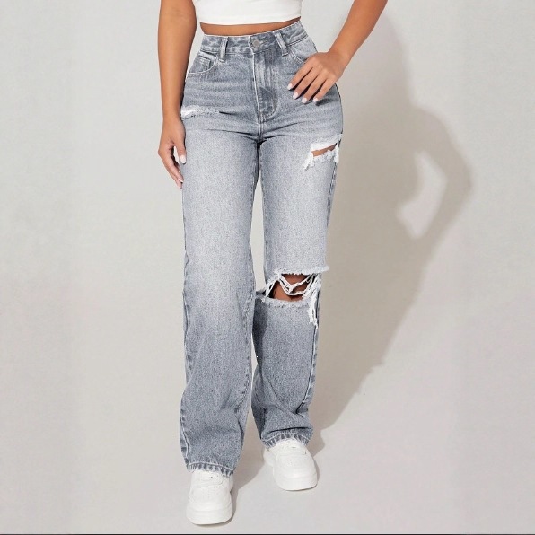 Cross-Border Exclusive Supply for Amazon Independent Sites: New European and American Style Mid-Waist Ripped Loose-Fitting Slimming Straight-Leg Jeans for Women