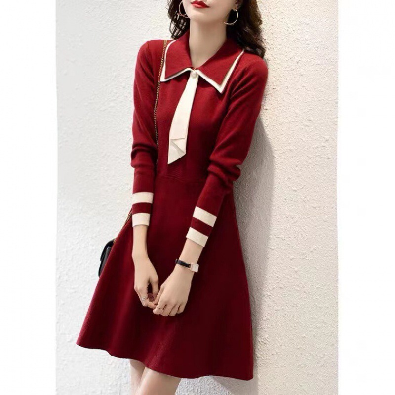 2025 Spring, Autumn and Winter Retro Long-Sleeved Knitted Dress with Ol Small Fragrance, Sweet Professional A-Line Skirt with Doll Collar 2025 Spring, Autumn and Winter Retro Long-Sleeved Knitted Dress with Ol Small Fragrance, Sweet Professional A-Line Skirt with Doll Collar