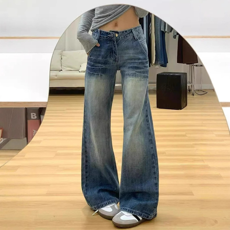 Petite Retro Mid-Waist Flared Jeans for Women, Stylish Straight-Leg Slimming Drape Loose Wide-Leg Pants