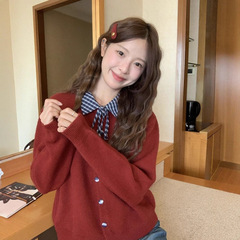 韩系设计感假两件格纹polo领系带针织衫上衣女初秋开衫显瘦外套