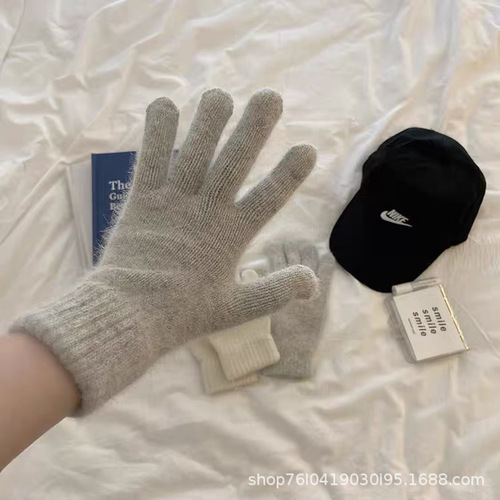 ins Korean style knitted rabbit fur gloves for women, warm in winter, simple student bare board five-finger cold-proof couple gloves trendy