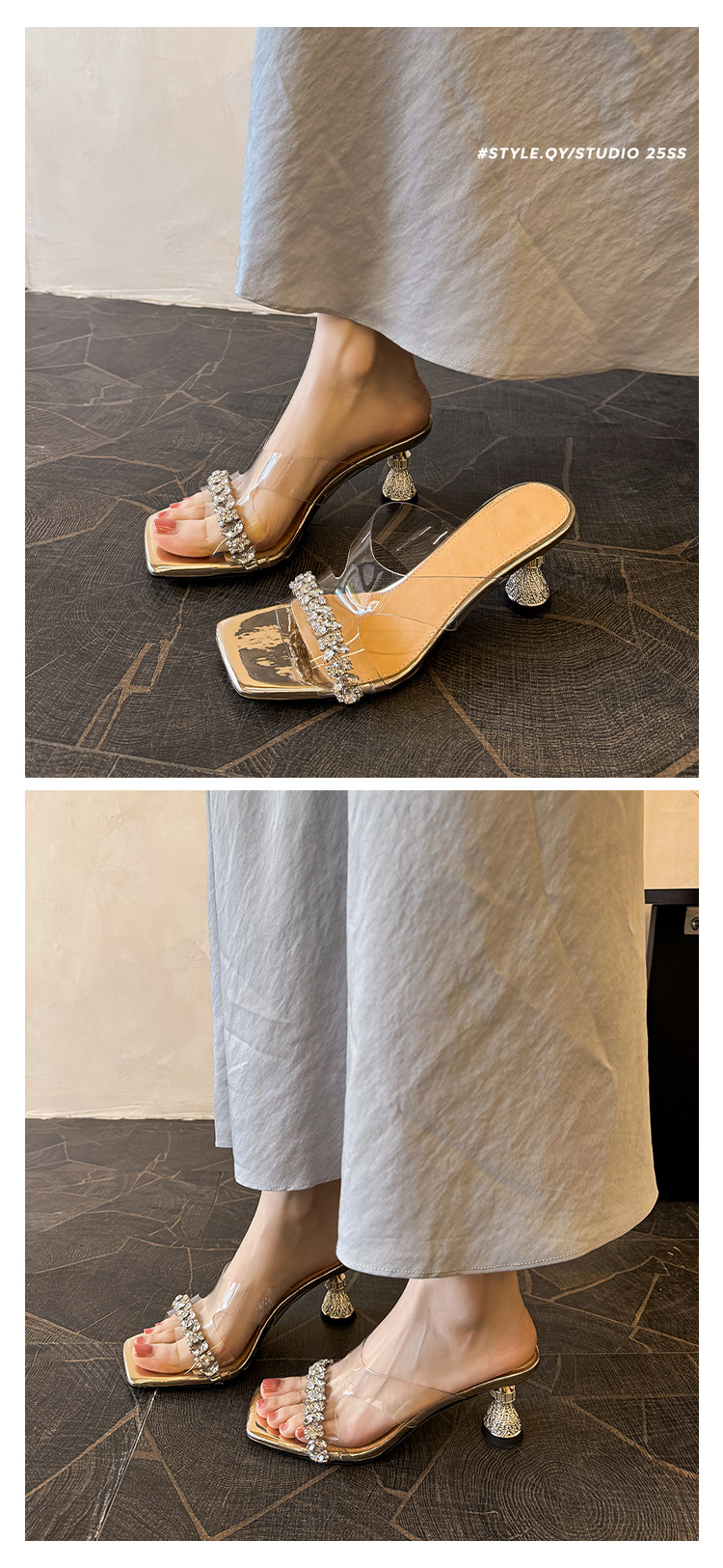 Sandal cao gót nữ mũi vuông PVC trong suốt đính đá gót thấp — màu vàng, bạc chi tiết 10