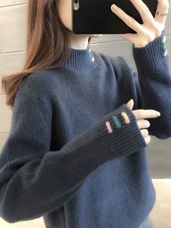 半高领毛衣女秋冬2025年新款秋冬季韩版慵懒风纯色绣花针织打底衫|undefined