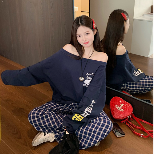 Alphabet print off-shoulder long-sleeved hoodie women's autumn new design loose medium-length casual large version top 
