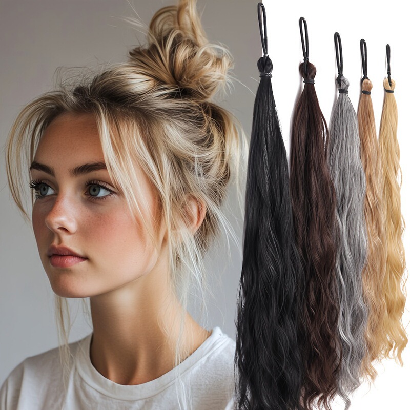Long Hair Ponytail with Rubber Band, Messy Bun Synthetic Fiber Self-Wrapping Wig Ponytail Hairpiece