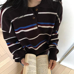 早秋新款韩系设计感复古撞色条纹减龄休闲针织毛衣女
