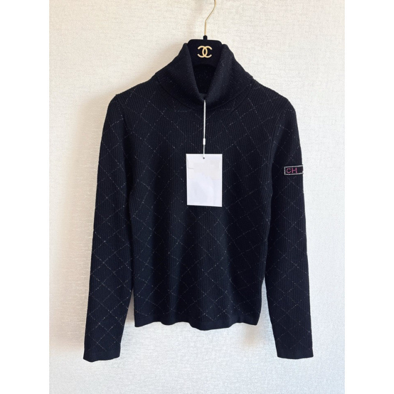 New Model Launched ~ Tweed Style Arm Logo Car Seal Embroidered Quilted Lines High Collar Knitted Top with Elegant and Slim Fit ~