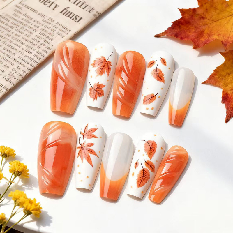 30 Pieces of Cross-Border Popular Autumn and Winter Wearable Nails with Resin Painting Technique, Maple Leaf French Style Nail Tips, Pre-Made 30 Pieces of Cross-Border Popular Autumn and Winter Wearable Nails with Resin Painting Technique, Maple Leaf French Style Nail Tips, Pre-Made