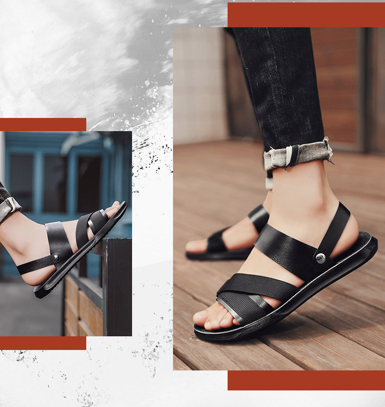 Dép sandal nam quai ngang hở ngón da PU chống trơn trượt, đế mềm thoáng khí đi biển mùa hè — Đen toàn bộ, Đen trắng chi tiết 4