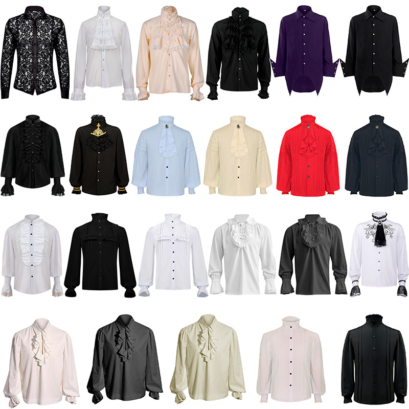 2023 New European & American Men's Pleated Shirt: Medieval-Style Steampunk Victorian Top for Layering