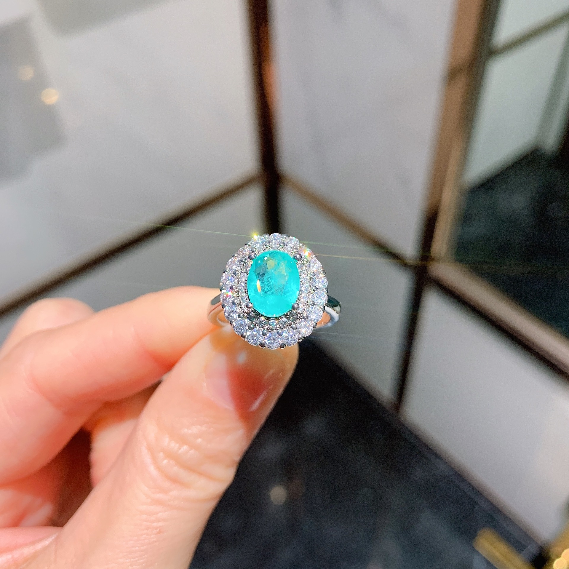 Huayoumei Jewelry Paraiba Pendant European And American New Retro Micro Pave Full Gemstone Ring High Carbon Diamond_voghion.com