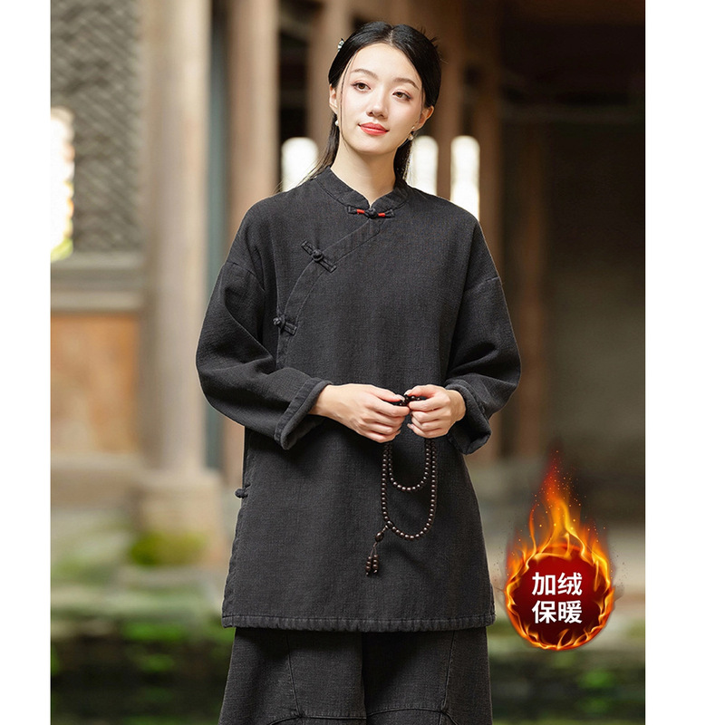 居士服女款秋冬加绒加厚棉麻上衣外套禅意佛系素衣套装打坐禅修服|undefined