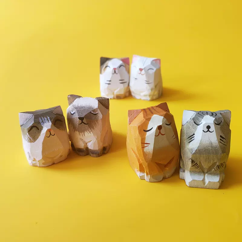 可爱木雕百年小猫批发木质工艺品小猫办公室桌面纯实木手工雕刻