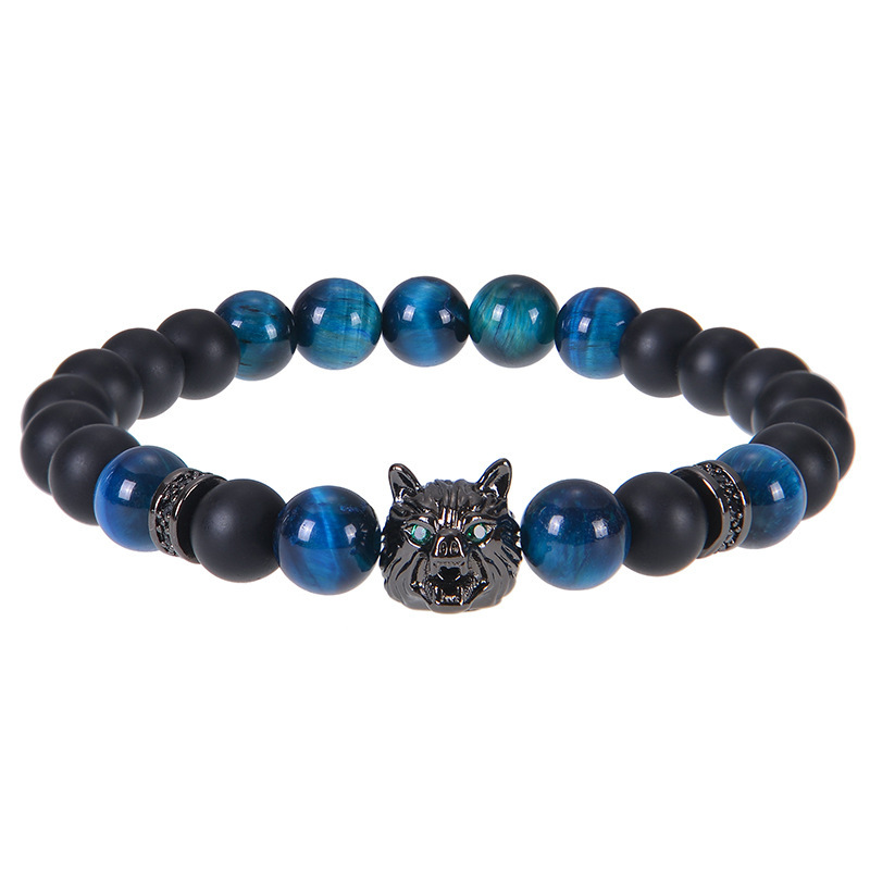 European and American Fashion 8mm Blue Tiger Eye Bracelet Men's Wolf Head Bracelet Micro-inlaid Zircon Frosted Stone Stamping Rope Bracelet