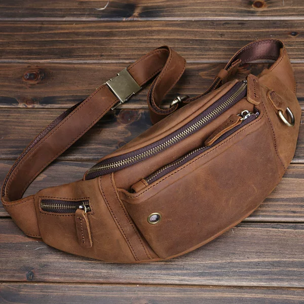 New Crazy Horse Leather Men's Bag Top Layer Cowhide Mobile Phone Waist Bag Large Capacity Sports Crossbody Chest Bag Men's Leather Waist Bag
