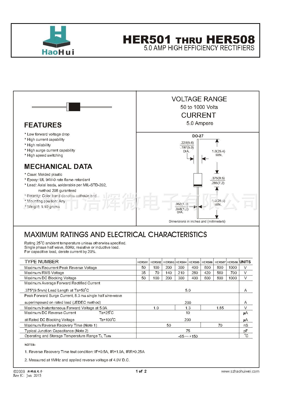 厂家供应插件HER504   DO-27高效率二极管