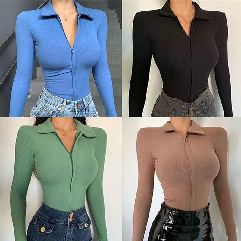 Unique Lapel Collar Top, Slim-Fit Sexy Bodysuit with T-Shirt-Like Zipper Design, Long-Sleeve Base Layer, Unique Slim Fit Unique Lapel Collar Top, Slim-Fit Sexy Bodysuit with T-Shirt-Like Zipper Design, Long-Sleeve Base Layer, Unique Slim Fit