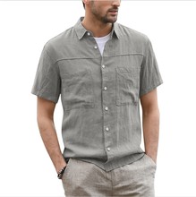 2023亚马逊男士夏季休闲系扣衬衫棉麻短袖两个口袋宽角领衬衫
