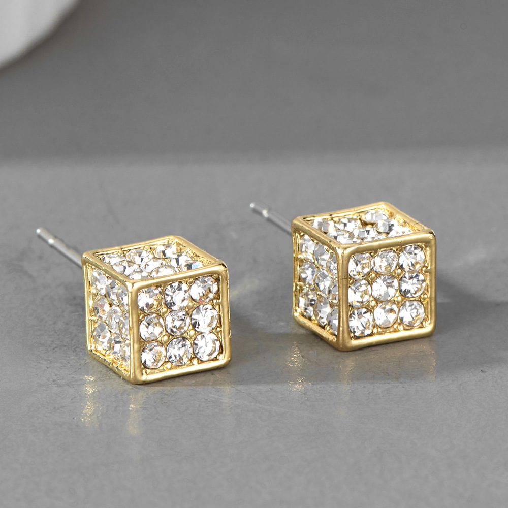 Diamond electroplated geometric three-dimensional square earrings, small fashionable design, personalized and trendy_voghion.com