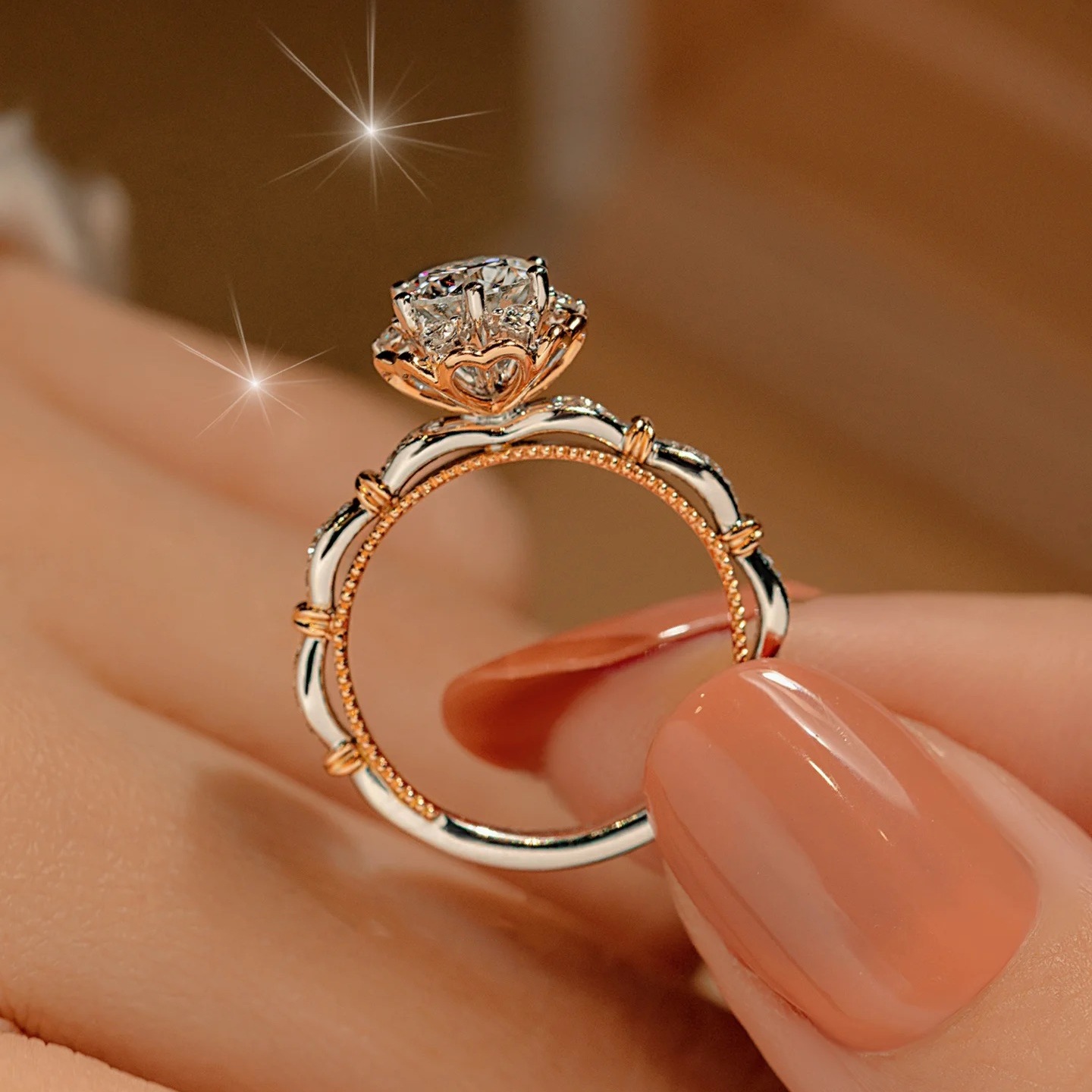 S925 plata esterlina moissanite anillo en forma de corazón Rosa Sosteniendo Flor bolsa redonda anillo de seis garra de lujo 50 puntos para el anillo de bodas