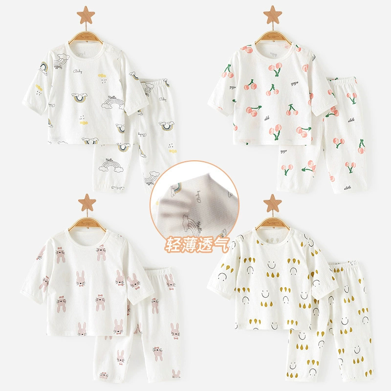 Baby summer set de aire acondicionado de algodón de manga media de dos piezas para niños y niñas, ropa de verano delgada para bebés divididos