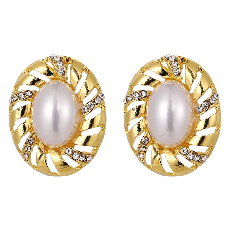 Pendientes de perlas ovales de diamantes de aguja de plata galvanizada de oro real Pendientes retro de moda europea y americana Pendientes de alto grado medio y antiguo para mujeres