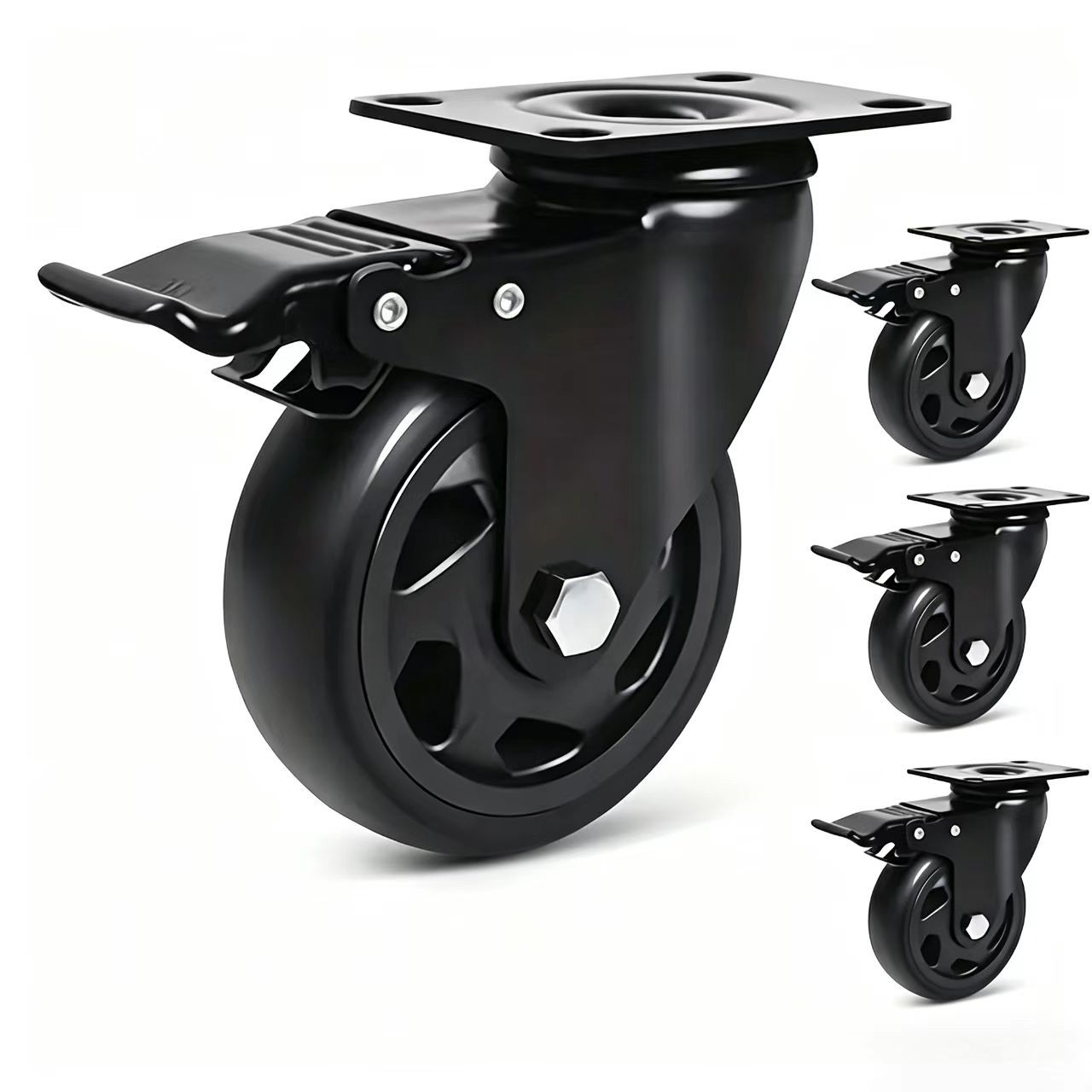 Amazon Cross-Border 4inch All-Black Medium-Sized Pvc Perforated Caster Wheels with 2-Way Swivel, 2 Brakes, and Dual Bearings