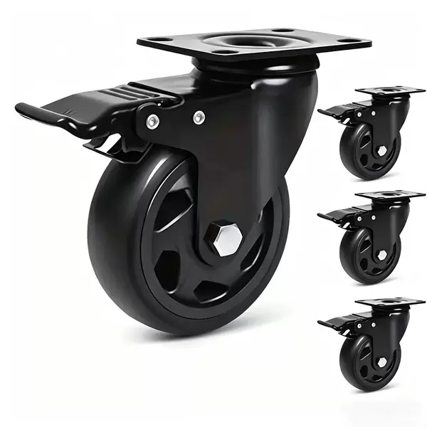 Amazon Cross-Border 4inch All-Black Medium-Sized Pvc Perforated Caster Wheels with 2-Way Swivel, 2 Brakes, and Dual Bearings