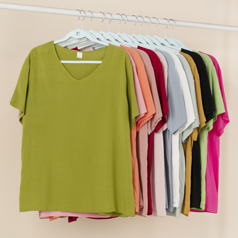 Cotton Silk Pajamas Women's Summer Solid Color Short-sleeved Cotton V-neck T-shirt Top New Thin plus size Artificial Cotton Home Clothes