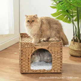 手工编织猫屋客厅宠物猫狗窝置地式仿藤编宠物篮可折叠宠物窝