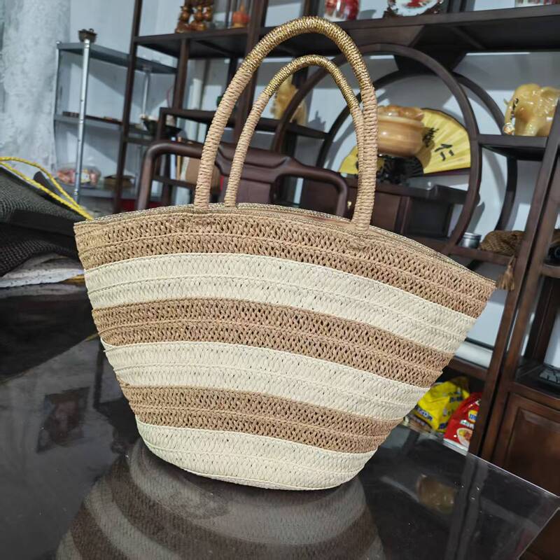 Striped Raffia Beach Straw Bag, Versatile Everyday Shoulder Bag, Holiday Style Handmade Woven Tote Bag
