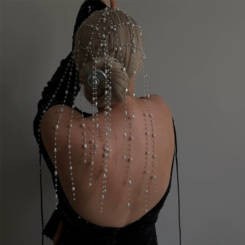 跨境新款珍珠流苏发箍气质新娘网状发链设计感配饰女headband