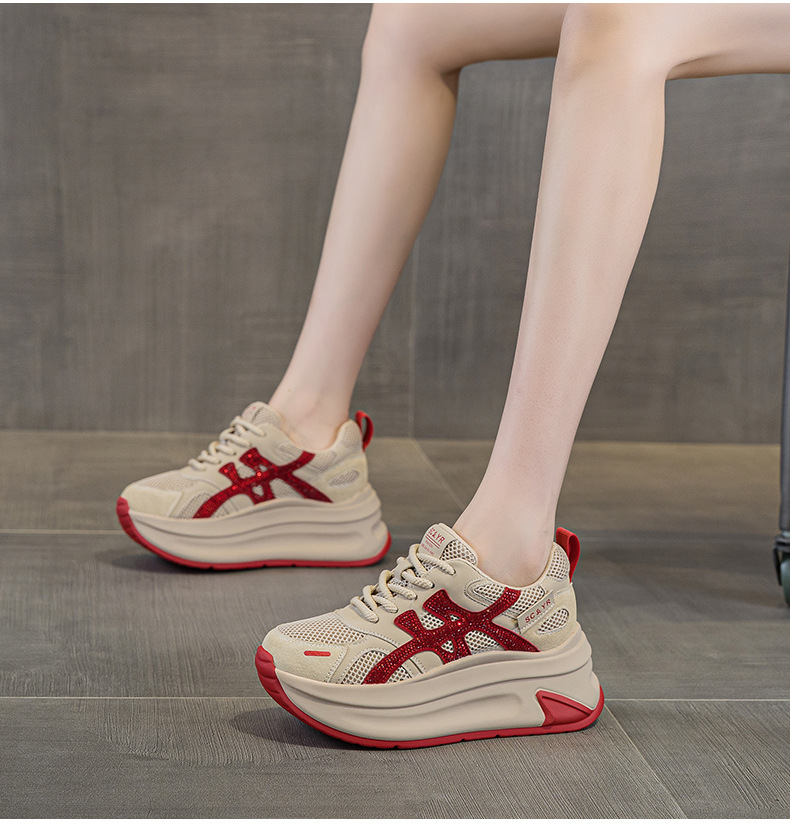Giày sneaker nữ đế dày lưới mesh thoáng khí mẫu mới thu 2026 — M2916-1 da đỏ, M2916 lưới màu be, M2916-1 da màu vàng, M2916 lưới đỏ chi tiết 35
