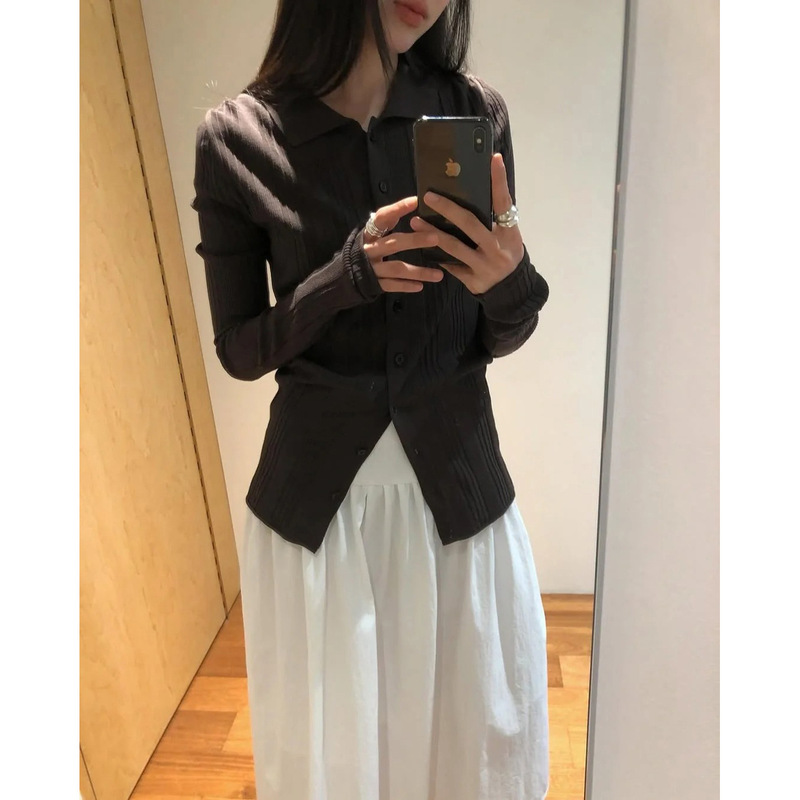 Now the 2026 Spring New Model from Korean Designer Lfm Is a Lazy-Style Ribbed Waist-Cinching Knitted Long-Sleeve Cardigan