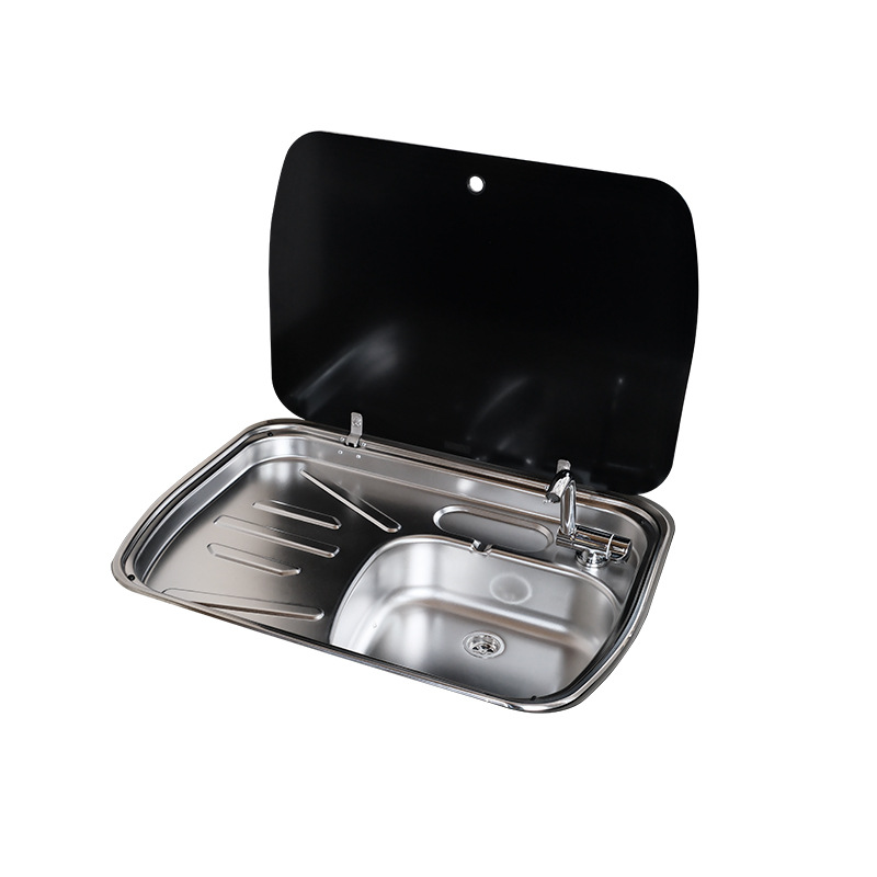 RV Yate Acero inoxidable con fregadero con tapa de vidrio templado Cuadrado con placa de drenaje Lavabo de verduras GR-588C