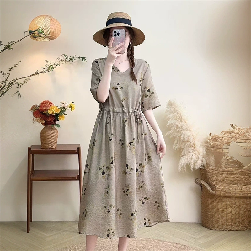 2025 новое платье с длинными рукавами, модное новое платье с цветочным принтом, большой размер, юбка средней длины, закрывающая живот, для похудения