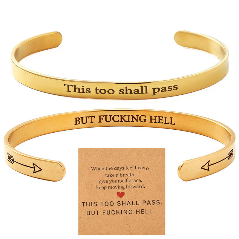 Cross-Border Amazon Hot-Selling Stainless Steel C-Shaped Bracelet for Women, Fashionable Inspirational Double-Sided Laser-Engraved Bracelet with Card
