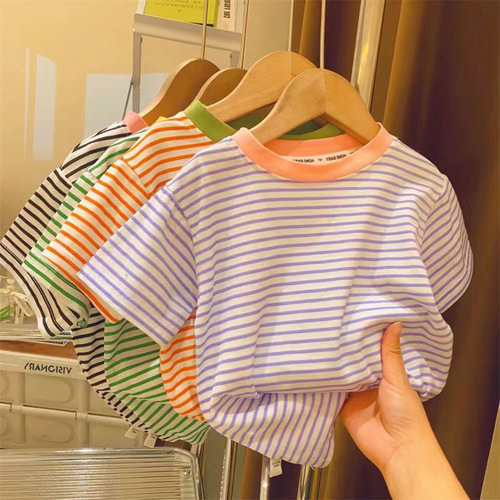 女童夏装短袖2024新款棉质条纹圆领休闲T恤宝宝薄款半袖打底衫潮