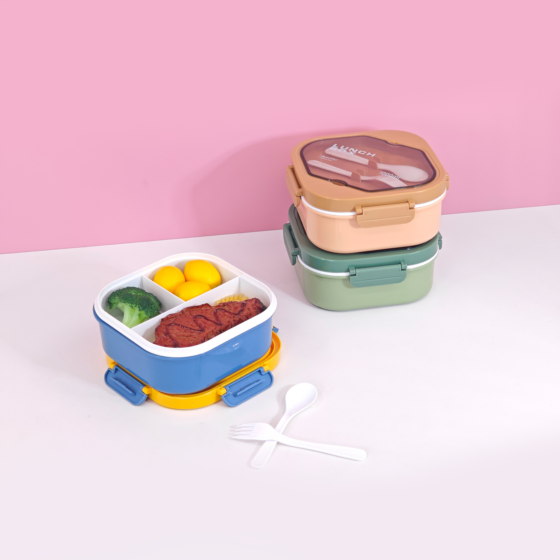 Lonchera de plástico de doble capa y tres compartimentos, muy vendida al por mayor, para estudiantes y trabajadores de oficina, lonchera cuadrada portátil de PP, lonchera para el hogar.