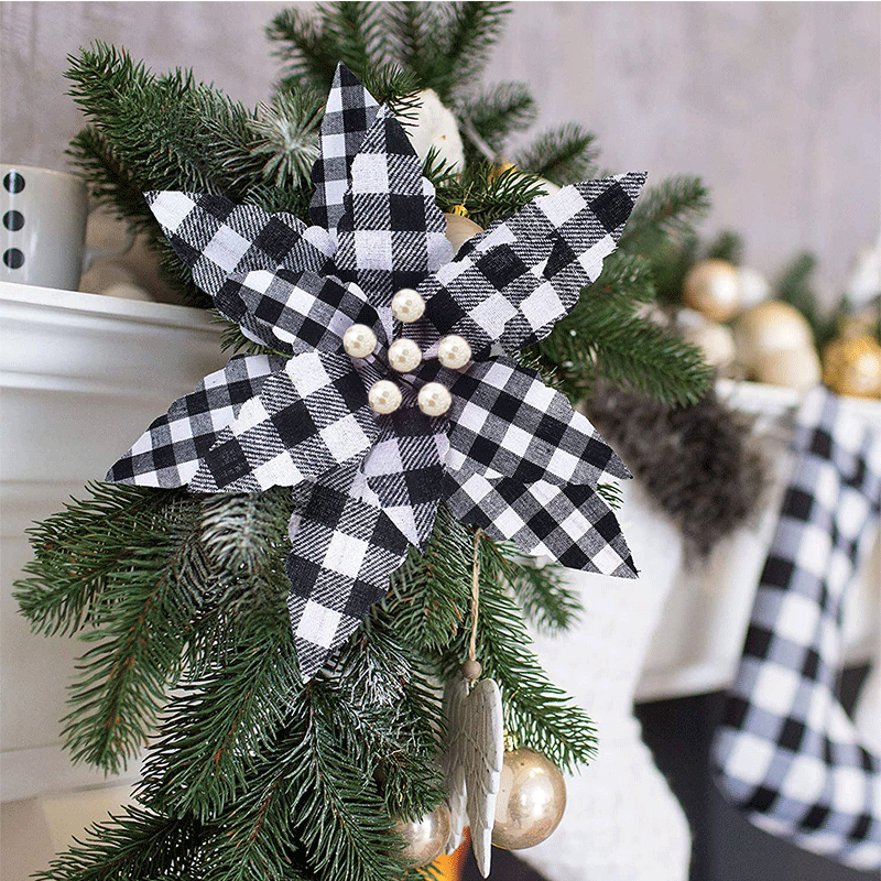 歐美圣誕節(jié)裝飾花禮品黑白格子布假花可開合紅黑格子手工布藝花