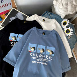 日式卡通休闲宽松短袖T恤女夏季情侣装打底衫女大码上衣女装批发