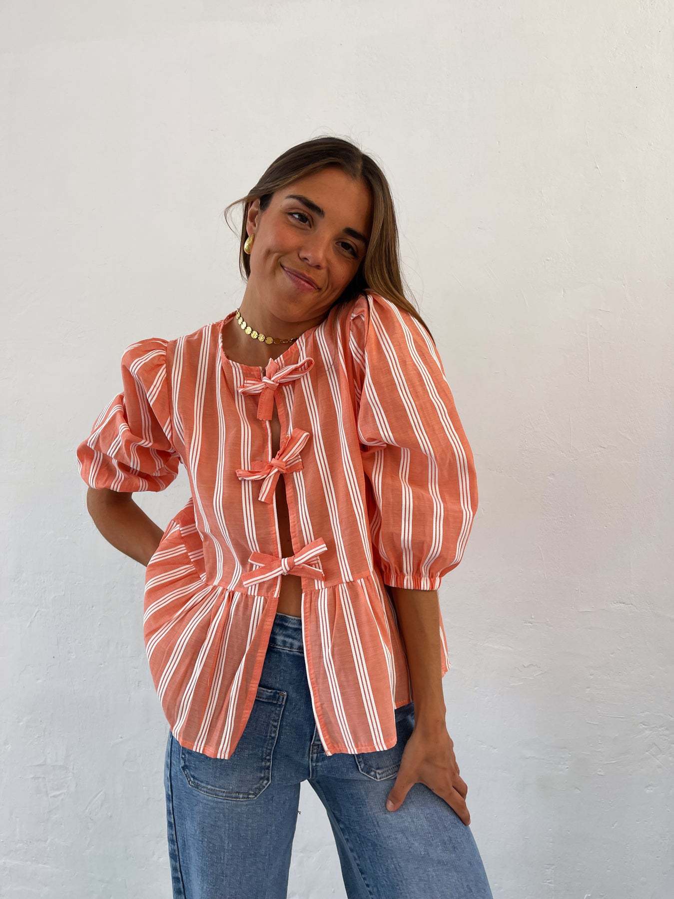 210g Weight Half Sleeve Sleeve Length Tie Placket Type Regular Sleeve Sleeve Type Polyester Fabric Type Regular Top Length Blouse Tops Type Holiday Occasion Round Neck Neckline Loose Fit Type Stripe Pattern Summer, Spring Season Women's Gender Streetwear Style Wholesale Women's Streetwear Stripe Half Sleeve Blouses 18