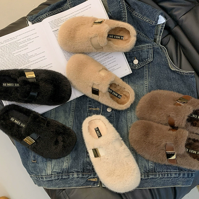 Плюшевая шерстяная головка с половинными тапочками женская осень и зима носят 2024 новые ленивые бобовые ботинки без каблуков