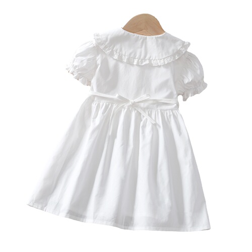 Fashionable white lace Peter Pan collar princess dress for girls, summer new dress for middle and big children, short-sleeved dress