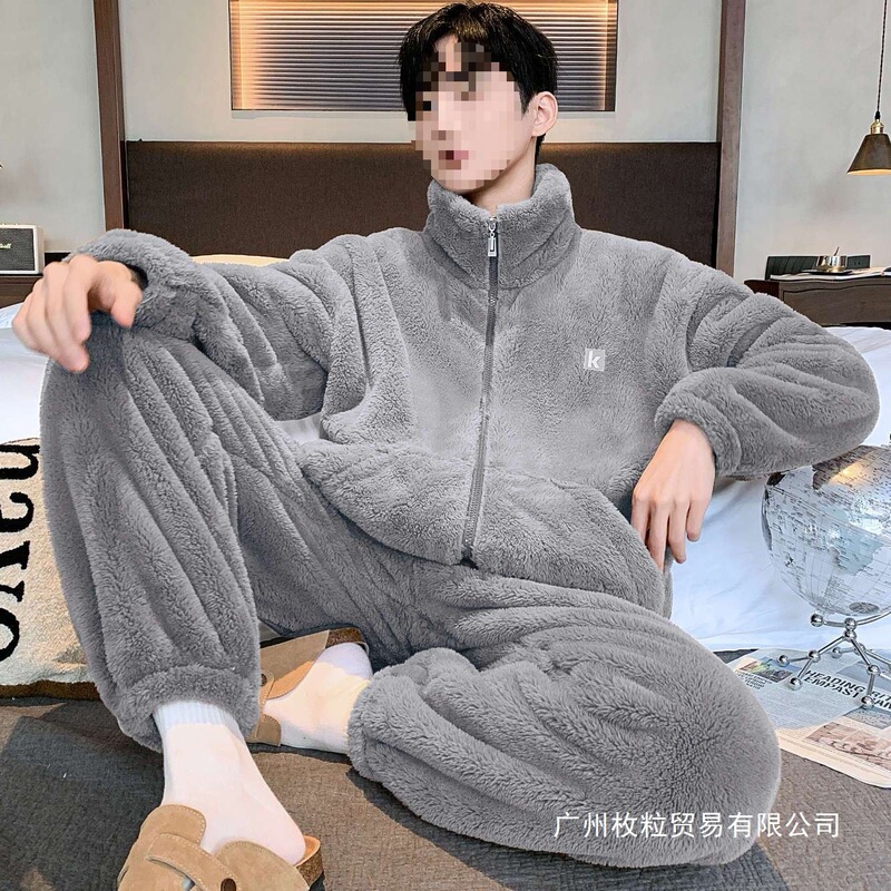 Cyclic Temperature-Locking Snowflake Velvet Can Be Worn Outside Men's Loose Fleece-Lined Four-Season Flannel Home Clothes Pajamas Set Coral Velvet