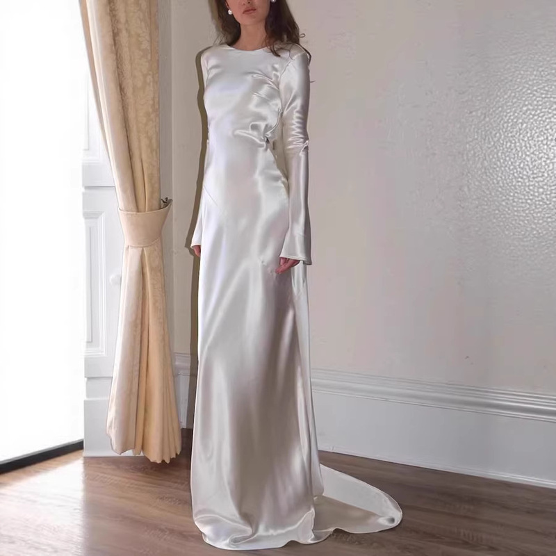 Independent Cross-Border European and American Women's Fashion Sexy Dress Slim Fit Backless Solid Color Round Neck Long Dress Mermaid Style 8086