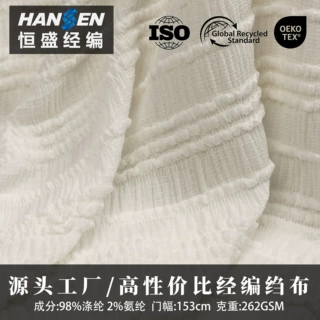 99涤1氨针织提花定制春夏蕾丝服装面料经编绉布220g皱皱布泡泡纱