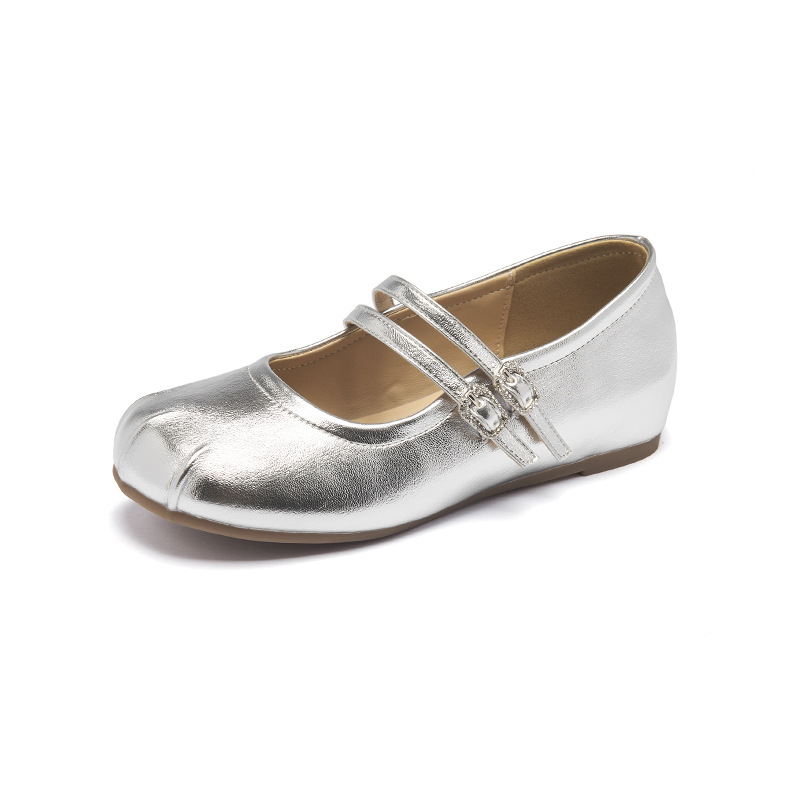 Zapatos Mary Jane Augusden para mujer, estilo verano 2026, zapatos planos estilo ballet para usar con faldas, zapatos de cuero plateados